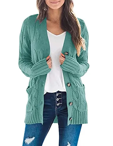 Women's Long Sleeve Cable Knit Sweater Open Front Cardigan Button Loose Outerwear