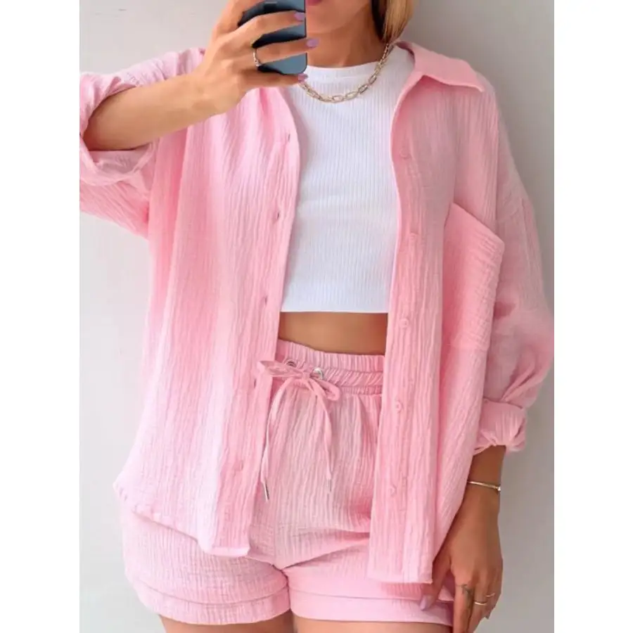 Relaxed Textured Button Up Shirt and Shorts Set