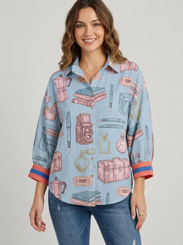 Women's Vintage Travel Stationery Printed Button-up Shirt