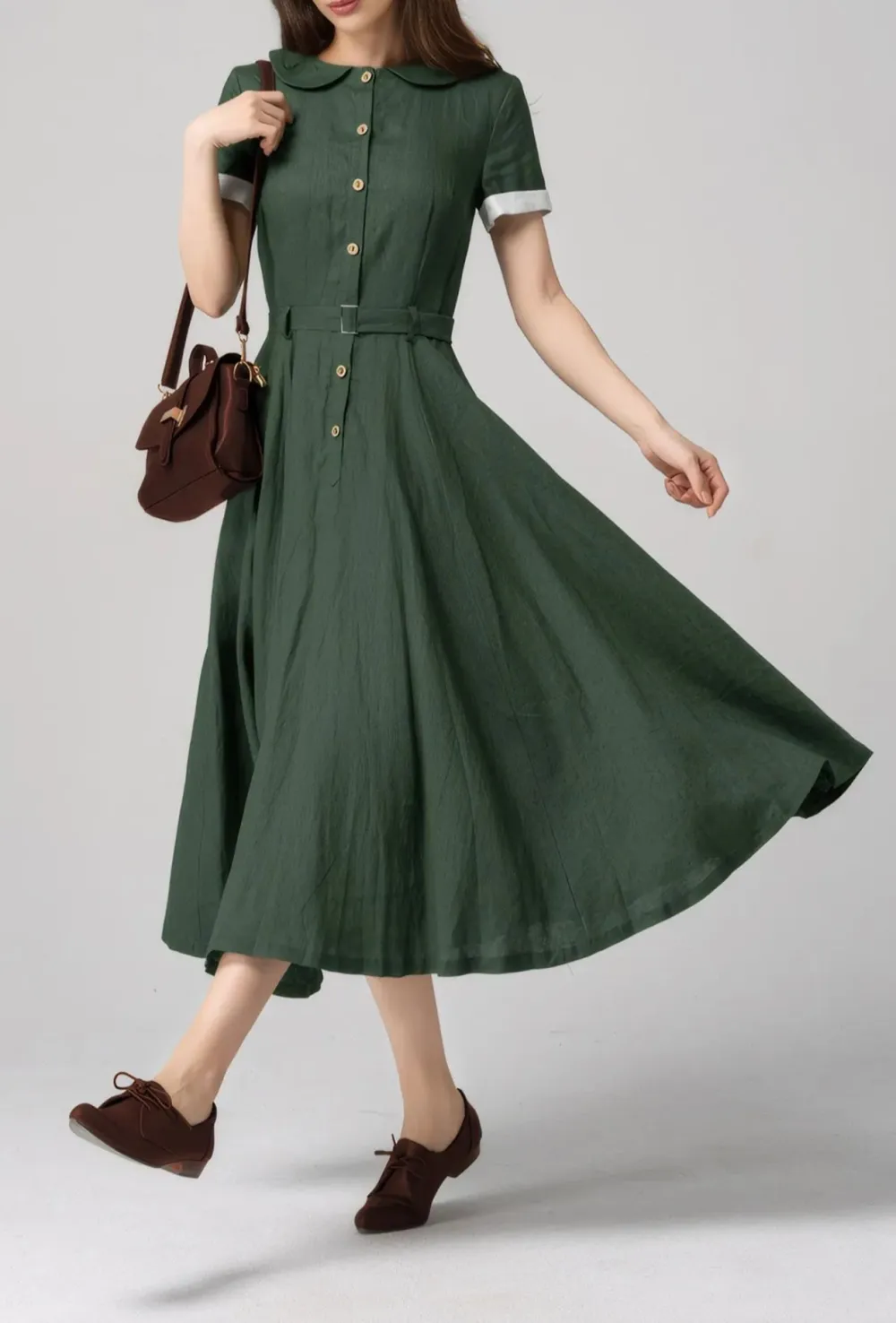 Linen Fit And Flare Shirt Short Sleeve Midi Dress