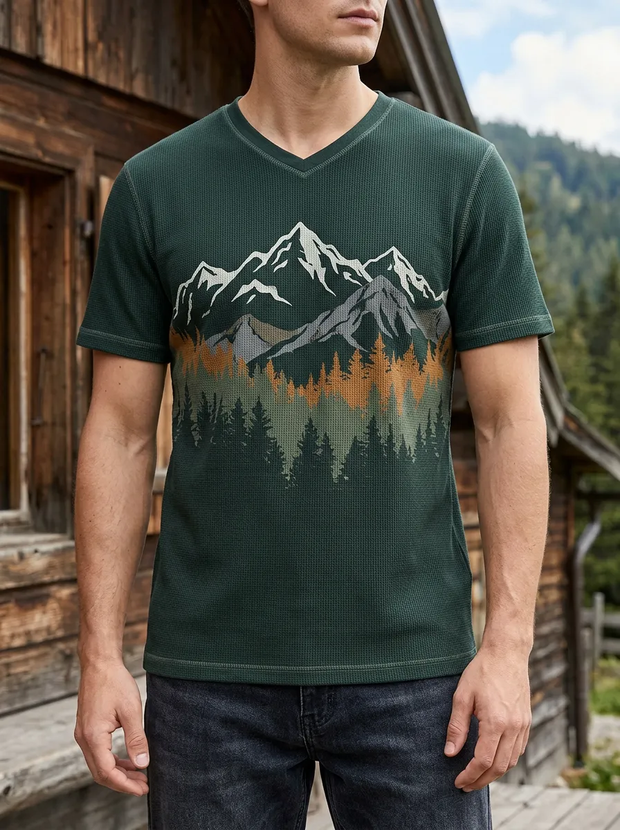 Men's Mountain Forest Nature Lover Printed V-Neck T-Shirt