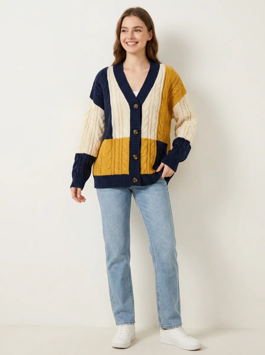 Women's Multi-Color Colorblock Cable Knit Cardigan Relaxed-Fit