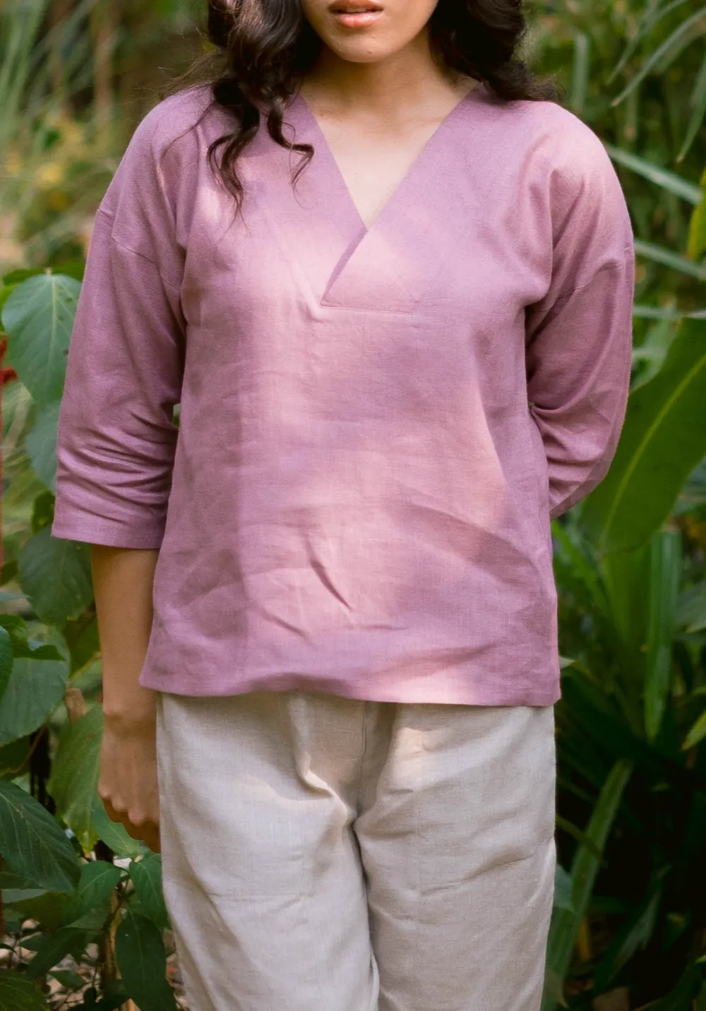 Dusty Pink Linen V-Neck Top