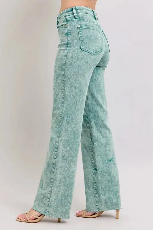 High-Waist Relaxed Raw-Hem Washed Straight Leg Jeans