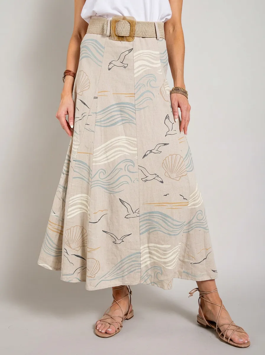Women's Coastal Seagull Shell Waves Printed Midi Skirt