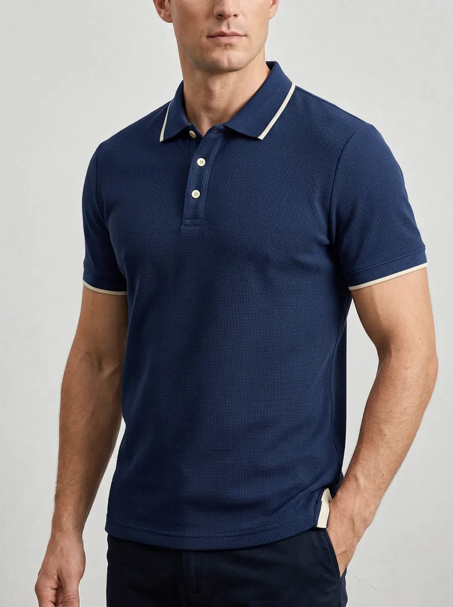 Men's Navy Waffle Knit Contrast Trim Polo Shirt