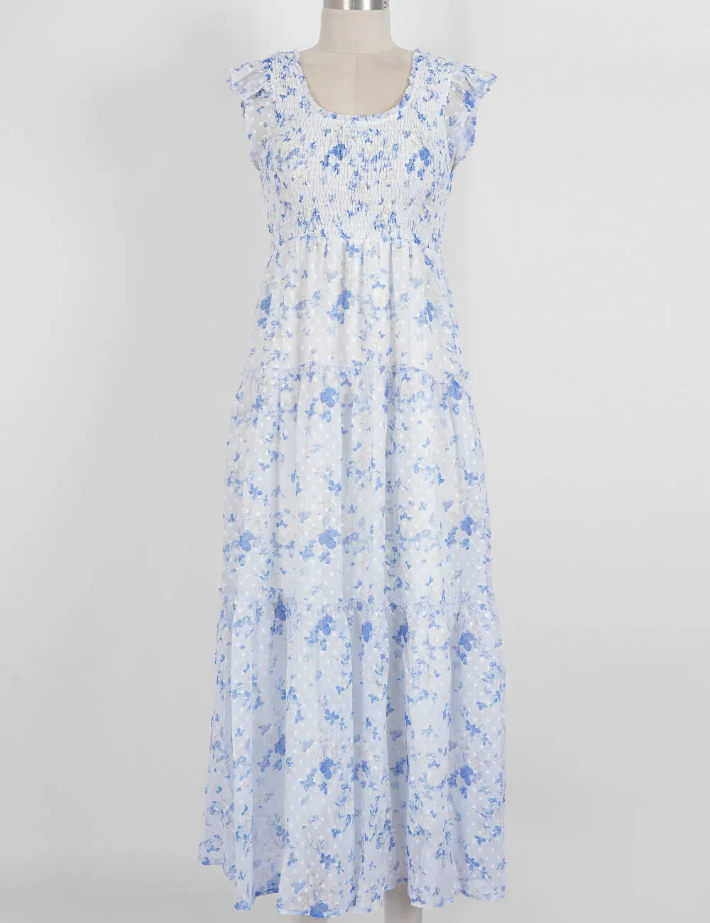 Ruffle Sleeves Tiered Hem Smocked Maxi Dress