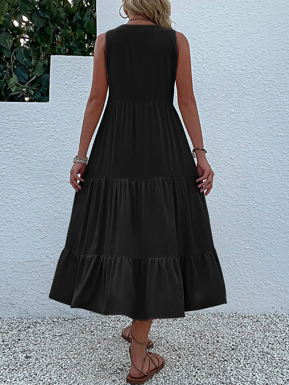 Notch-Neck Buttoned Sleeveless Tiered Midi Dress