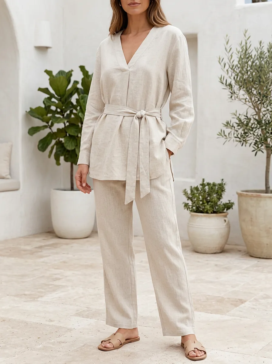 Minimalist Cotton-Linen V-Neck Belted Lounge Set