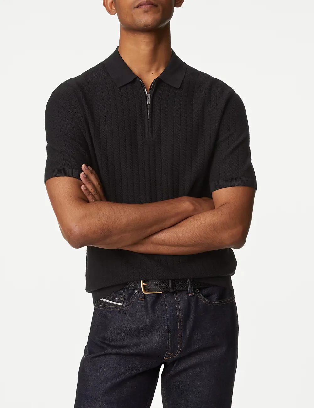 Men's Pink Textured Knit Quarter Zip Polo