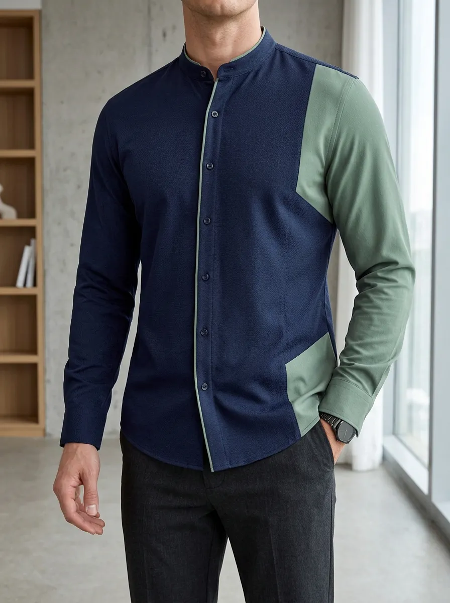 Men's Colorblock Mandarin Collar Slim Fit Long Sleeve Shirt