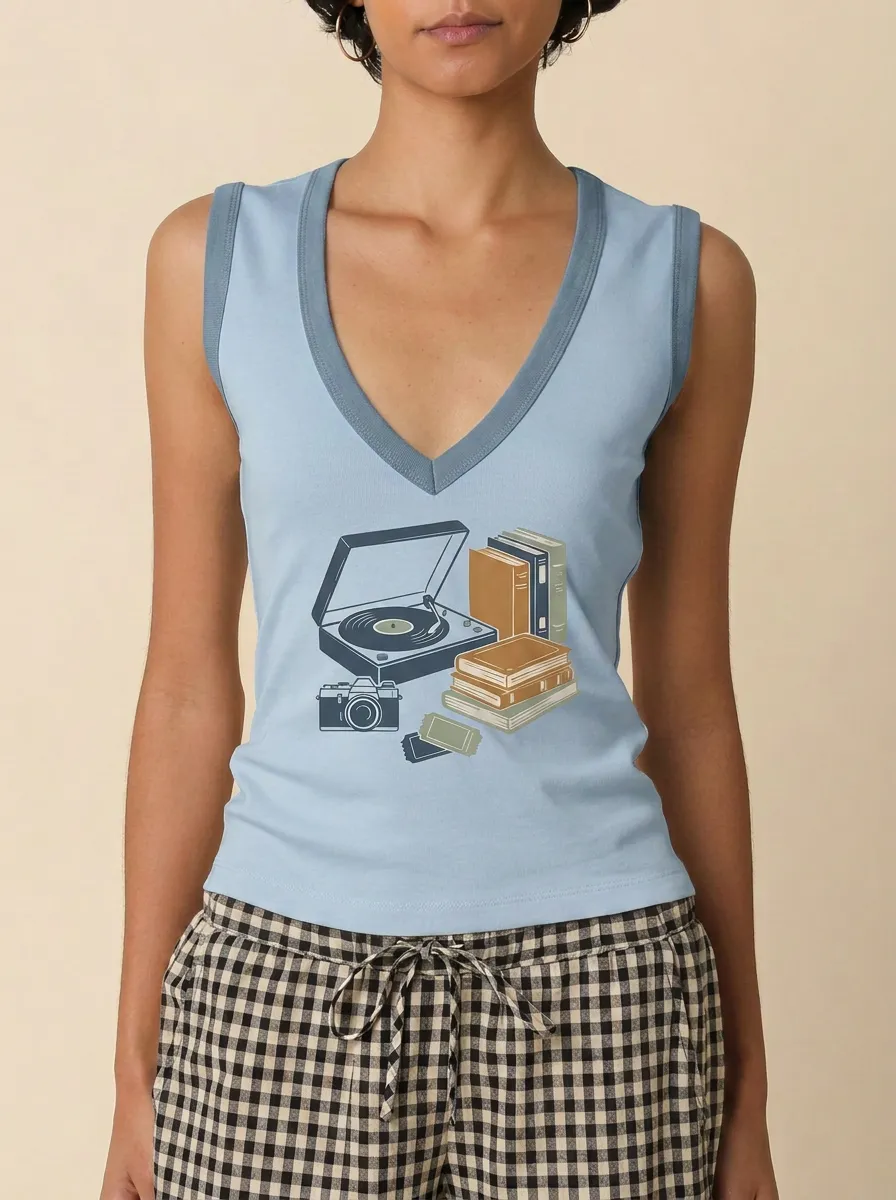 Women's Retro Hobbyist Record Player Camera Books Printed Tank Top