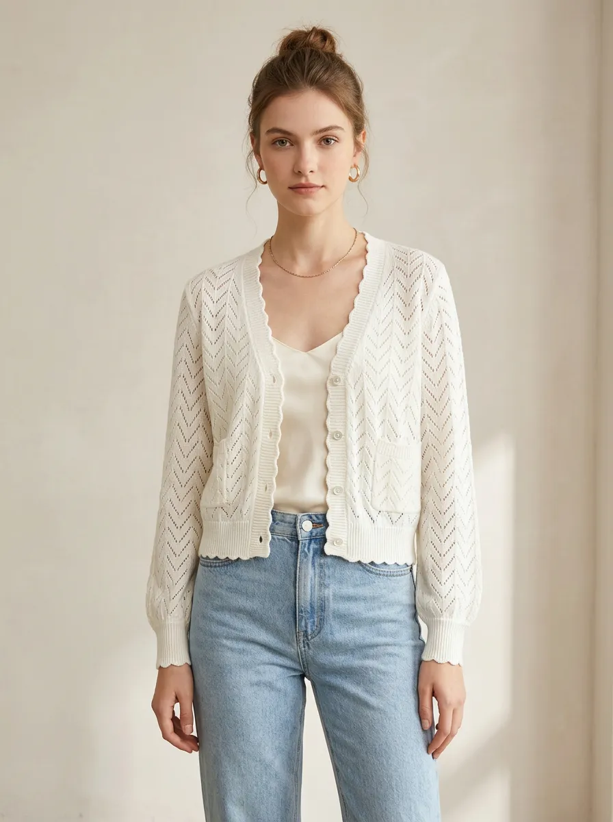 Women's Casual White Chevron Knit Scalloped Edge Cardigan