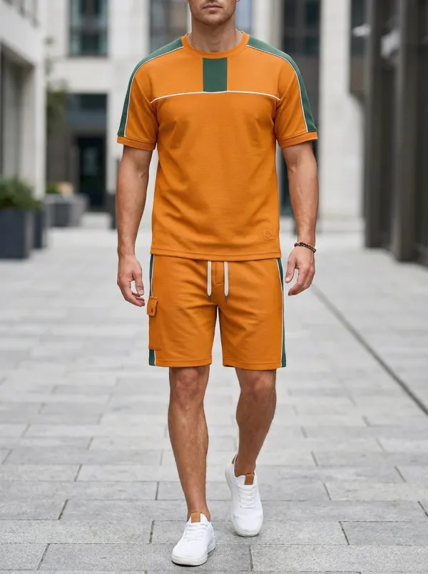 Everyday Striped Detail Colorblock Detail Shape Men's T-Shirt And Shorts Set
