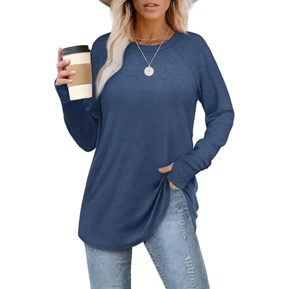 Womens Tunic Tops to Wear with Leggings Long Sleeve Thumb Hole Shirts Crew Neck Curved Hem