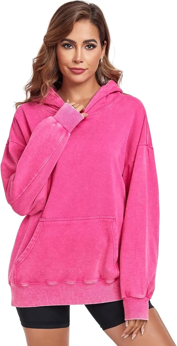 Women's Oversized Acid Wash Cotton Hoodie Minimalist Design Loose Fit with Kangaroo Pocket