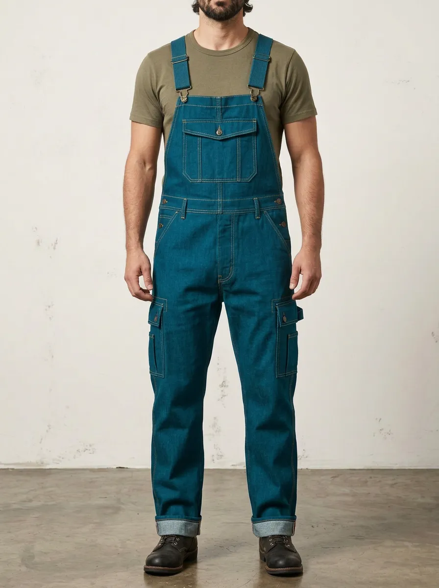 Men's Denim Cargo Utility Bib Overalls