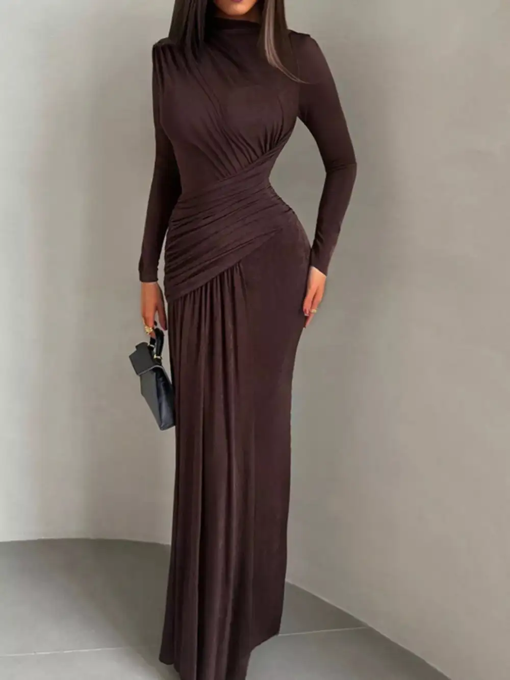 Polished Detail Ruched Long Sleeve Maxi Dress