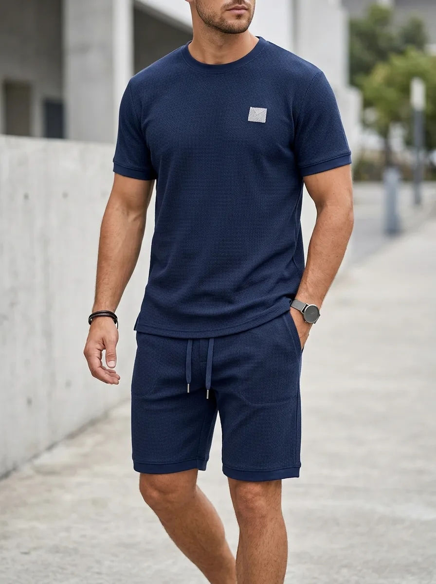 Everyday Waffle Texture Geometric Pattern Profile Men's T-Shirt And Shorts Set