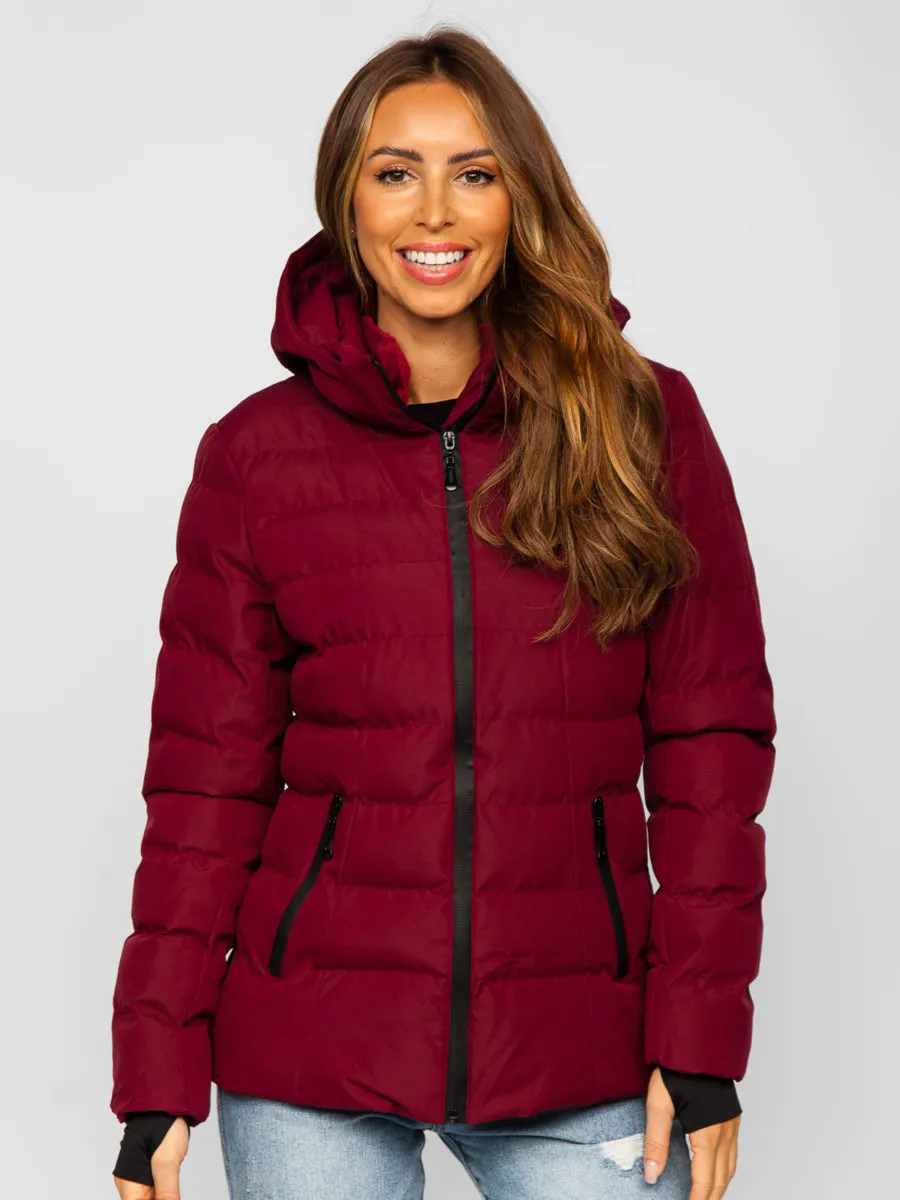 Wine Women's Quilted Winter Jacket With Hood