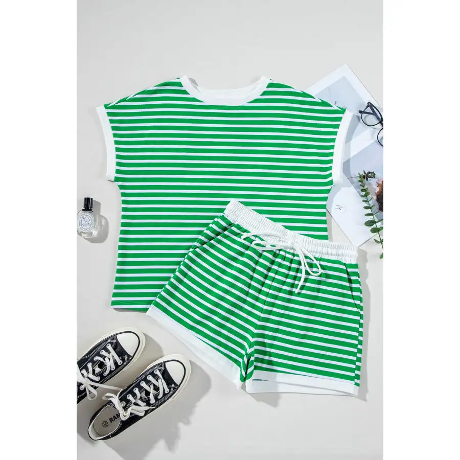 Striped Round Neck Short Sleeve Top and Shorts Set