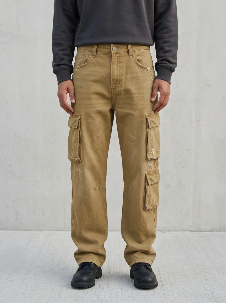 Men's Mid-Blue Utility Straight-Leg Cargo Jeans