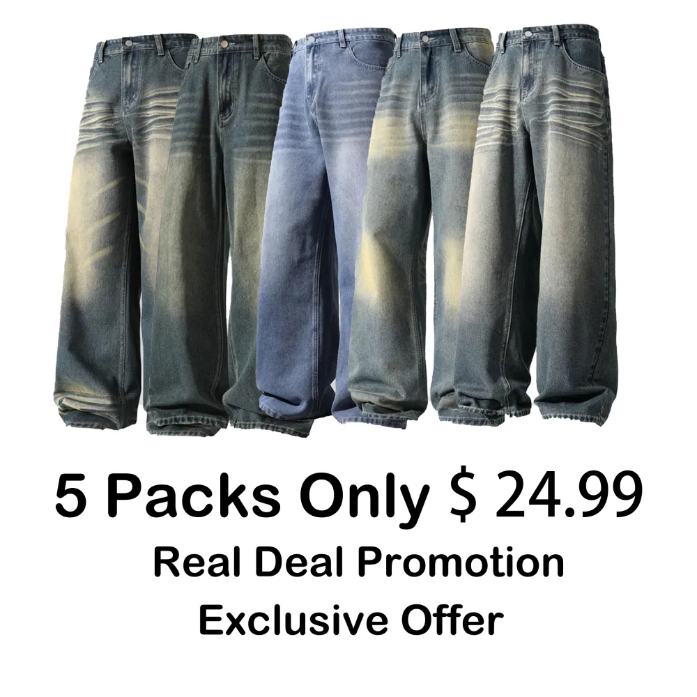 Men's Vintage Wash Pocket Wide Leg Jeans, Loose Casual Comfy Denim Pants for Daily Wear, Woven Bottoms for All Seasons