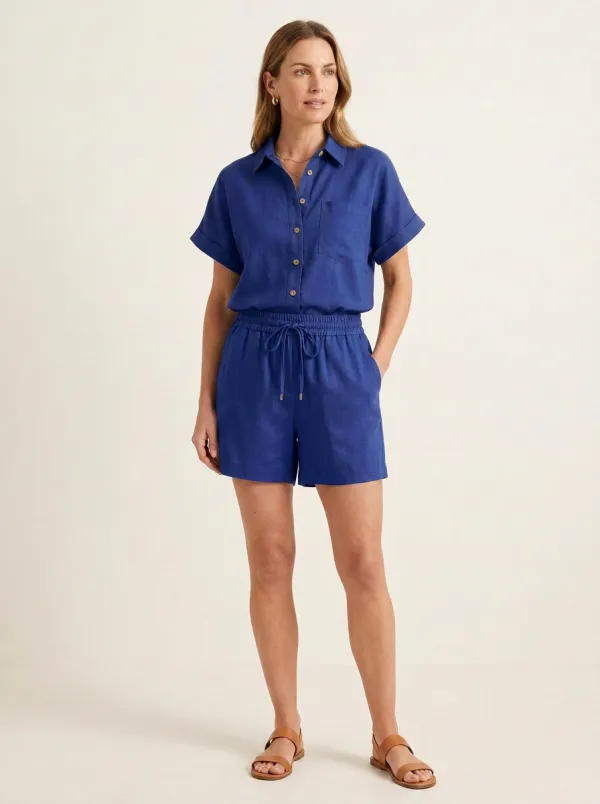 Button-Front Linen-Blend Button-Down Short-Sleeve Casual Matching Set