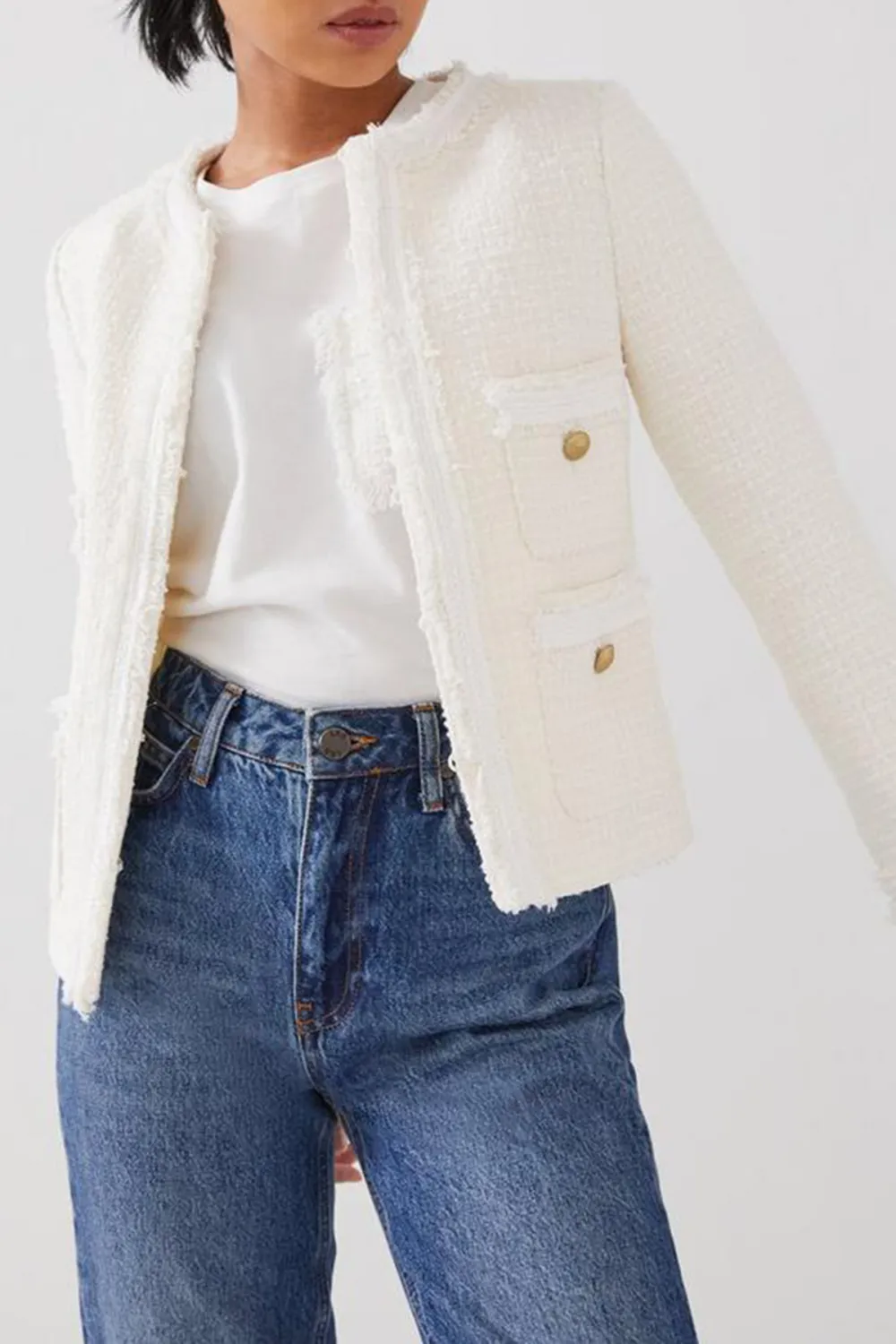 White Tweed Pocket Detail Short Jacket