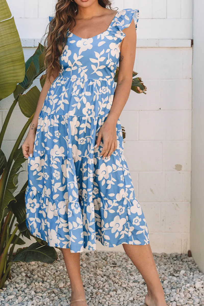 Sky U Neck Flutter Shoulder Tiered Flowy Midi Dress