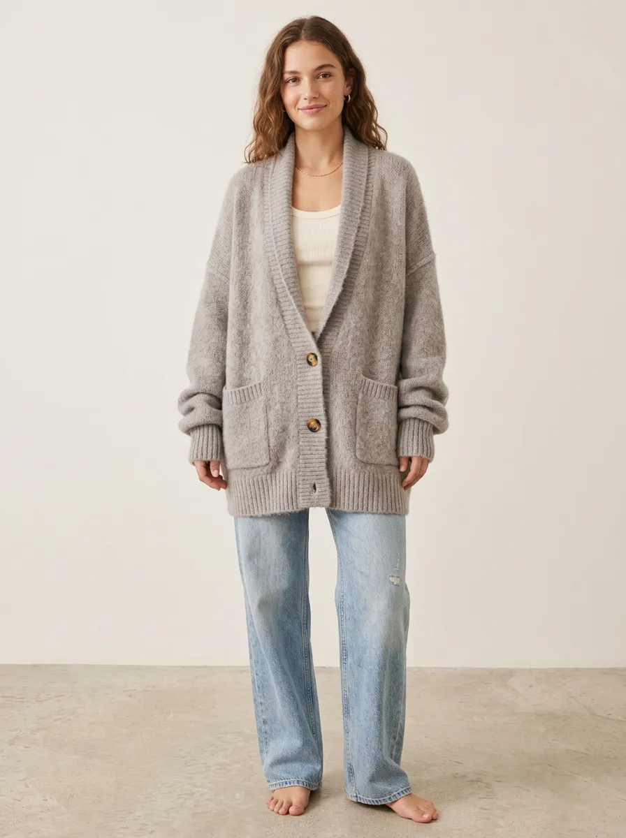 Women's Casual Grey Oversized Button Down Knit Cardigan