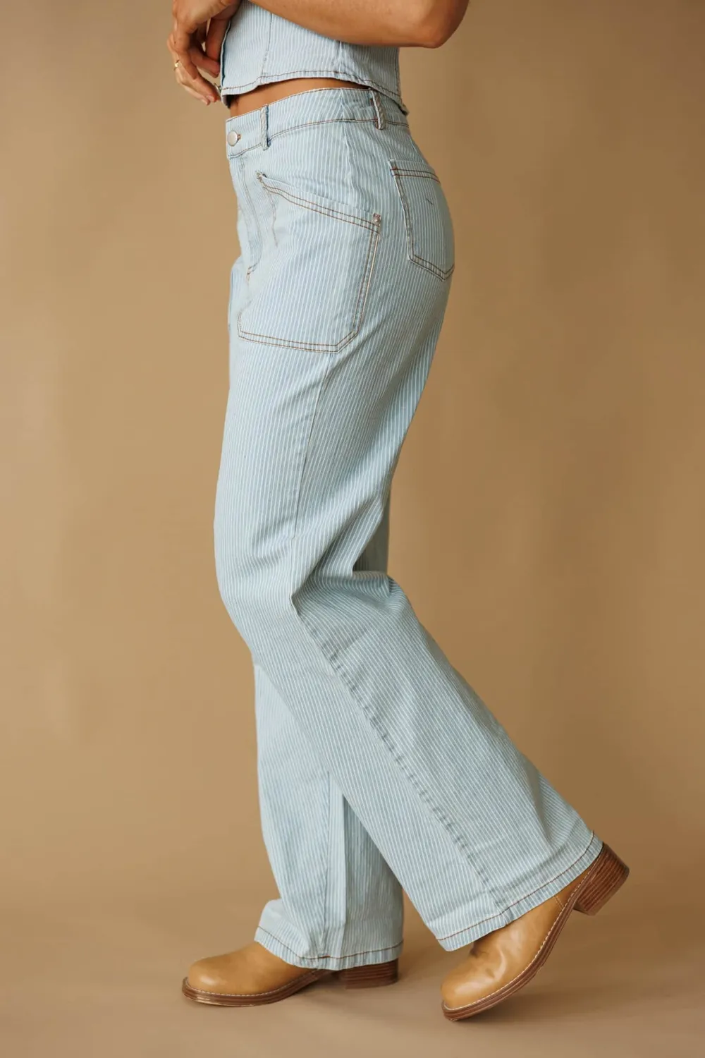 Denim Wide-Leg Pleated Pants