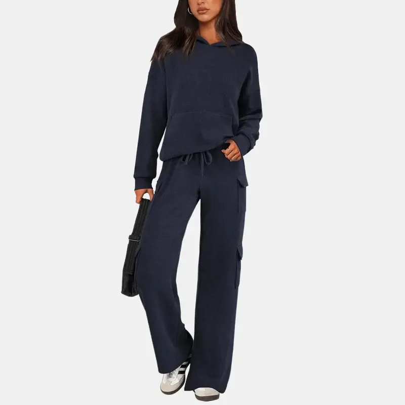 Women's 2-Piece Knitted Sets Hoodie & Wide Leg Pants with Pockets Drawstring