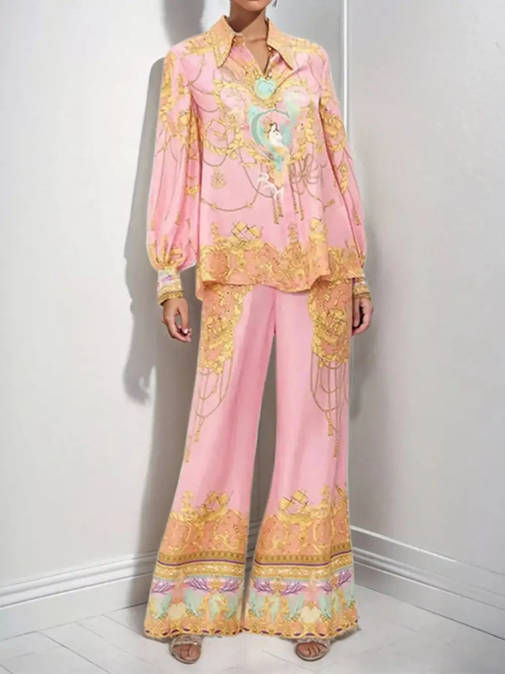 Printed Lantern Sleeve Top Pants Set