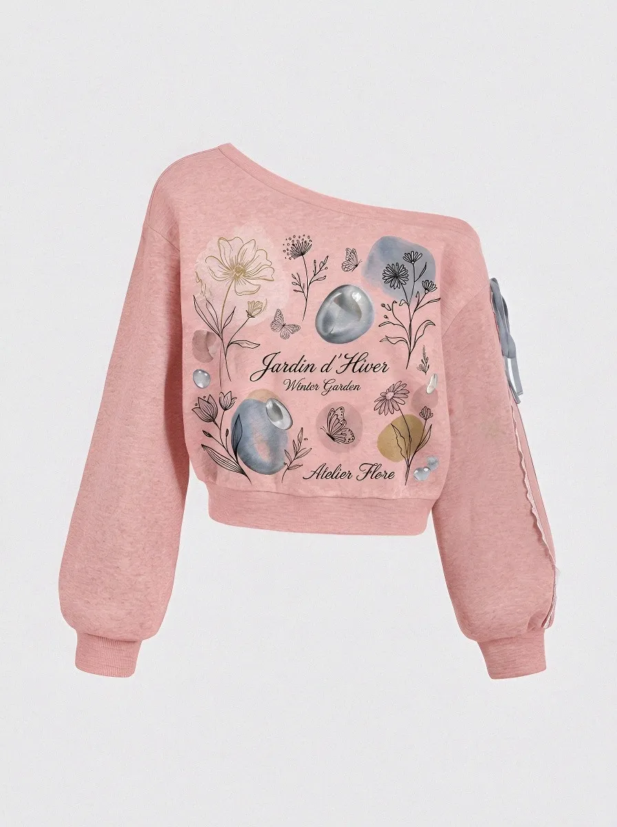 Women's Winter Garden Butterfly Floral Printed One-Shoulder Sweatshirt
