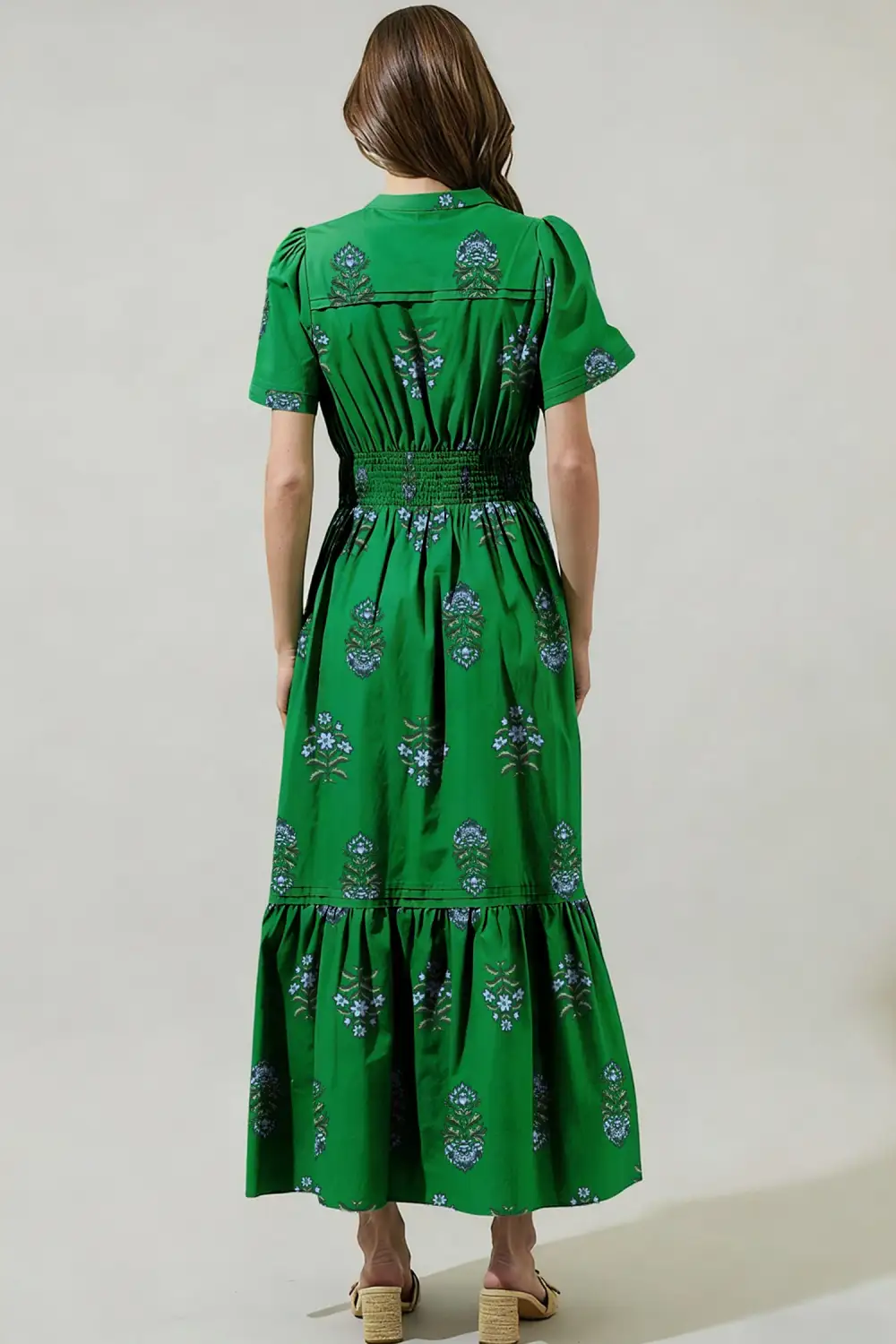 Floral Print Split Neck Shirred High Waist Ruffle Hem Playful