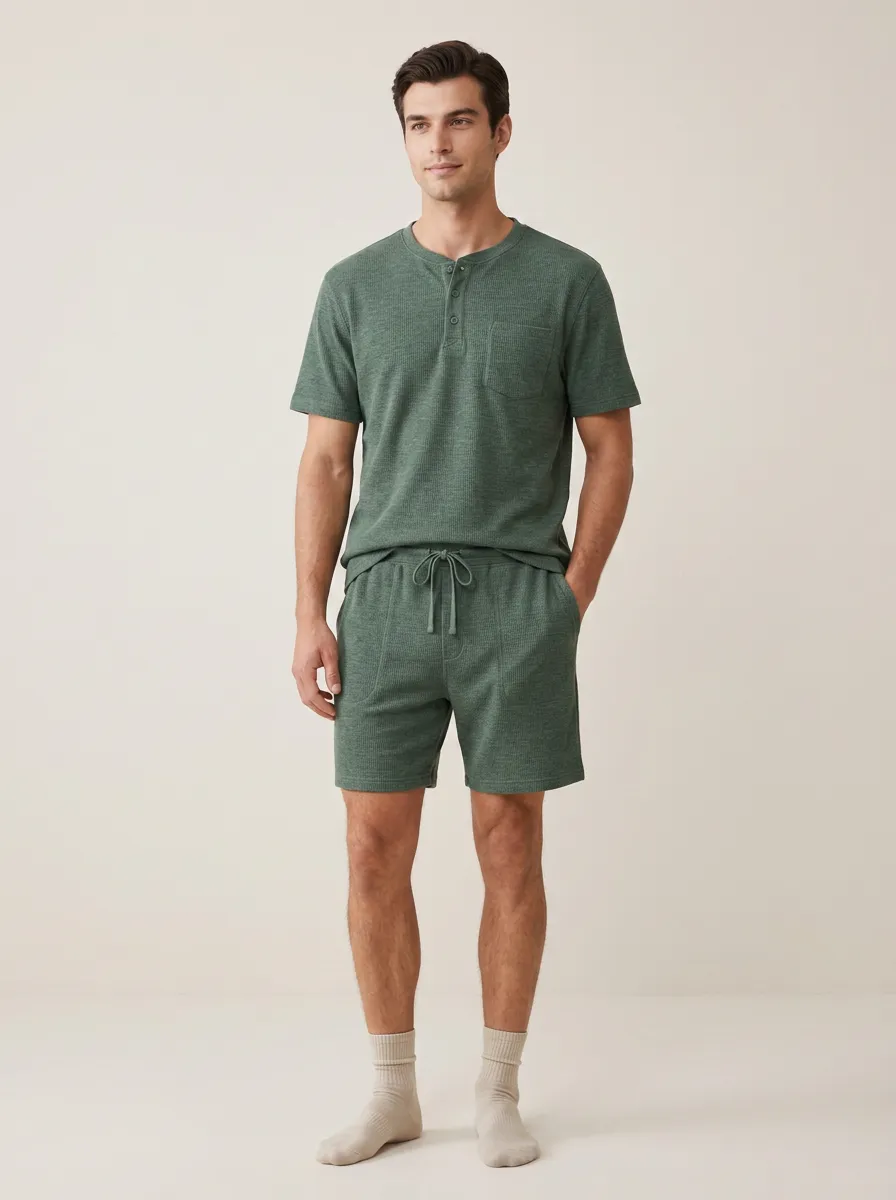 Men's Green Waffle Knit Henley Shirt and Shorts Lounge Set