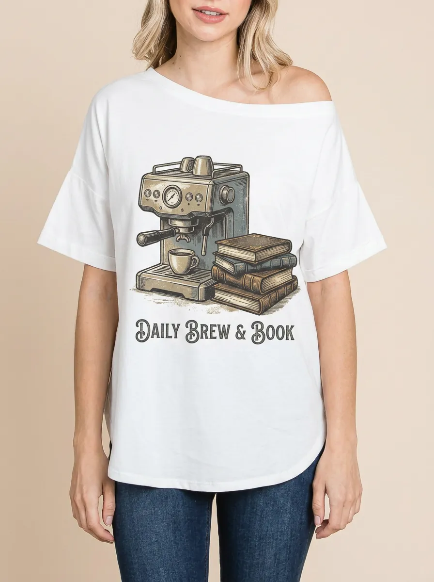 Women's Coffee Book Espresso Machine Stacked Books Graphic Off-Shoulder T-Shirt