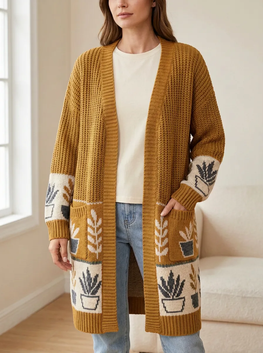 Women's Plant Potted Succulent Pattern Knit Long Cardigan