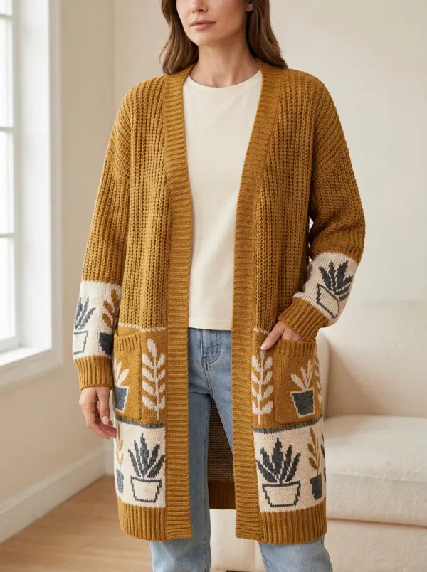 Women's Plant Potted Succulent Pattern Knit Long Cardigan