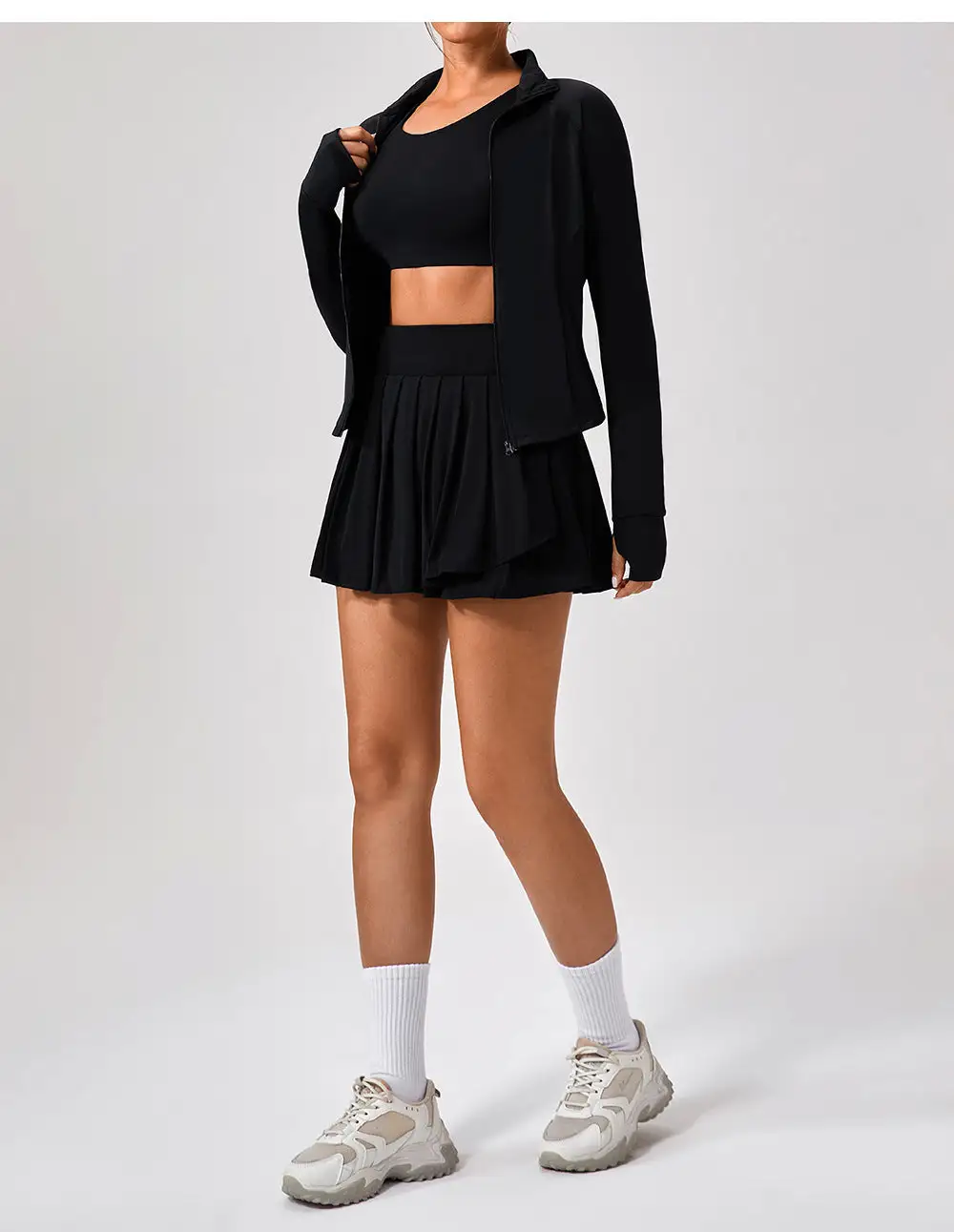 Backless Sleeveless Jacket, Bra and Skort Active Set