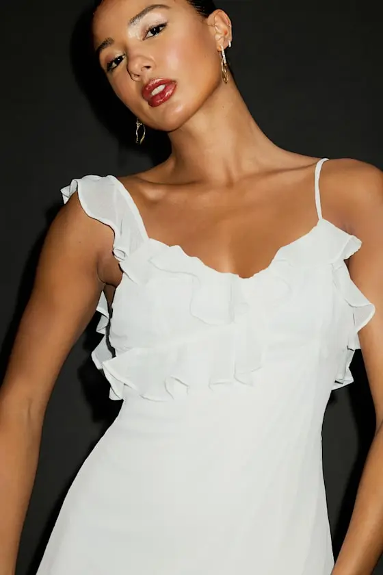 Captivating Always White Ruffled Asymmetrical Mini Dress