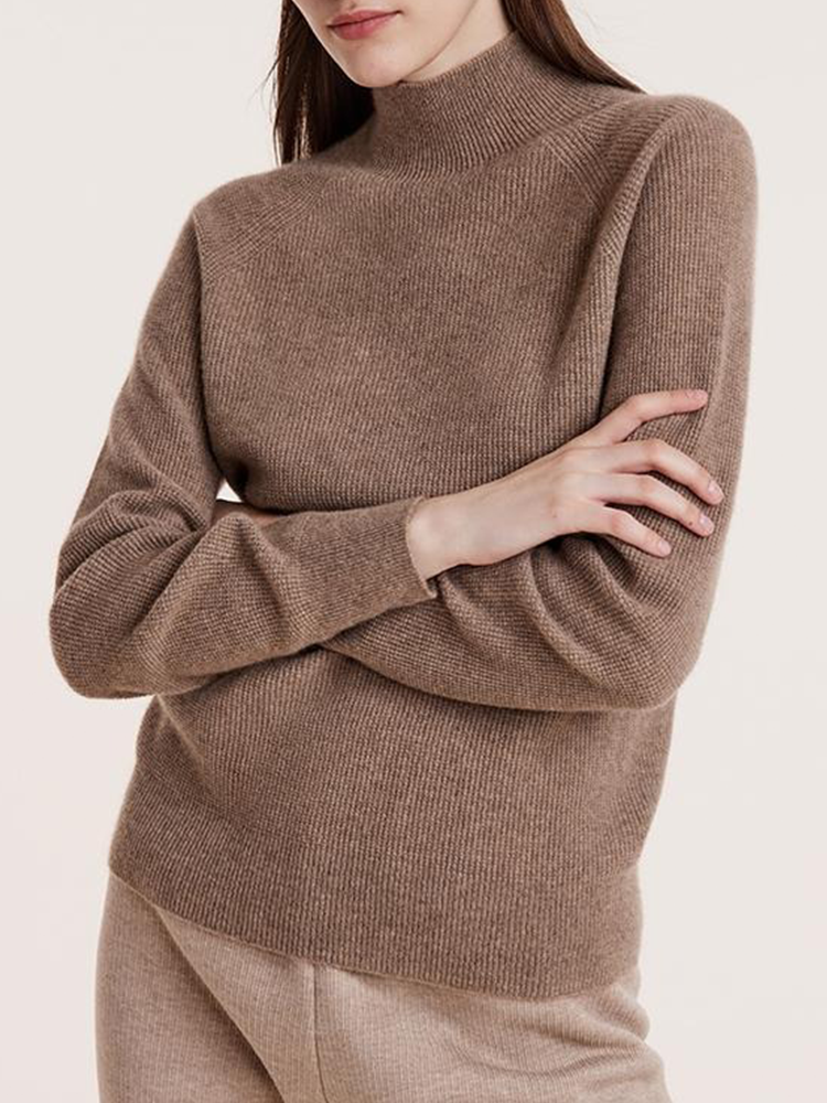 Coffee Seamless Mock Neck Cashmere Women Sweater