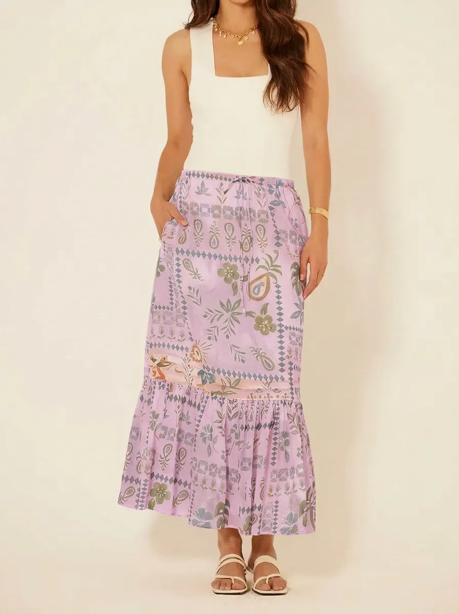 Women's Boho Floral Paisley Printed Midi Skirt