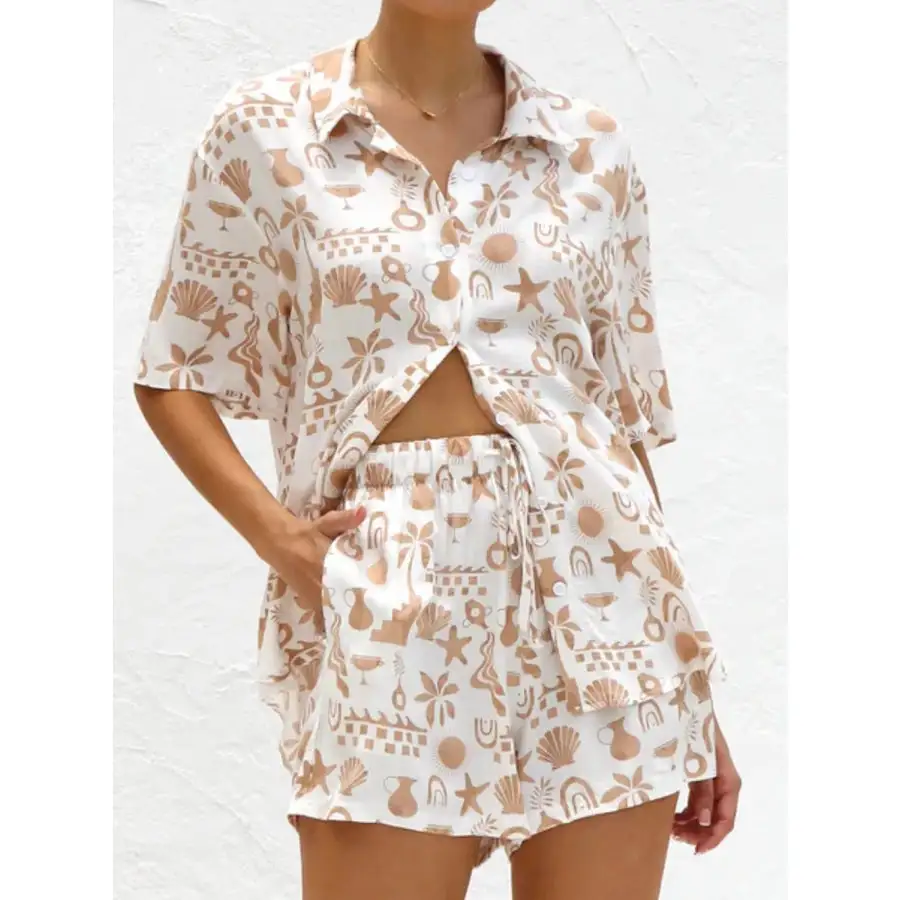 Printed Button Down Short Sleeve Top and Shorts Set