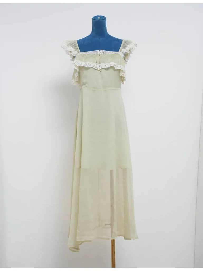 Ruffle Sleeves Lace Trim Square Neck Button Front Midi Dress