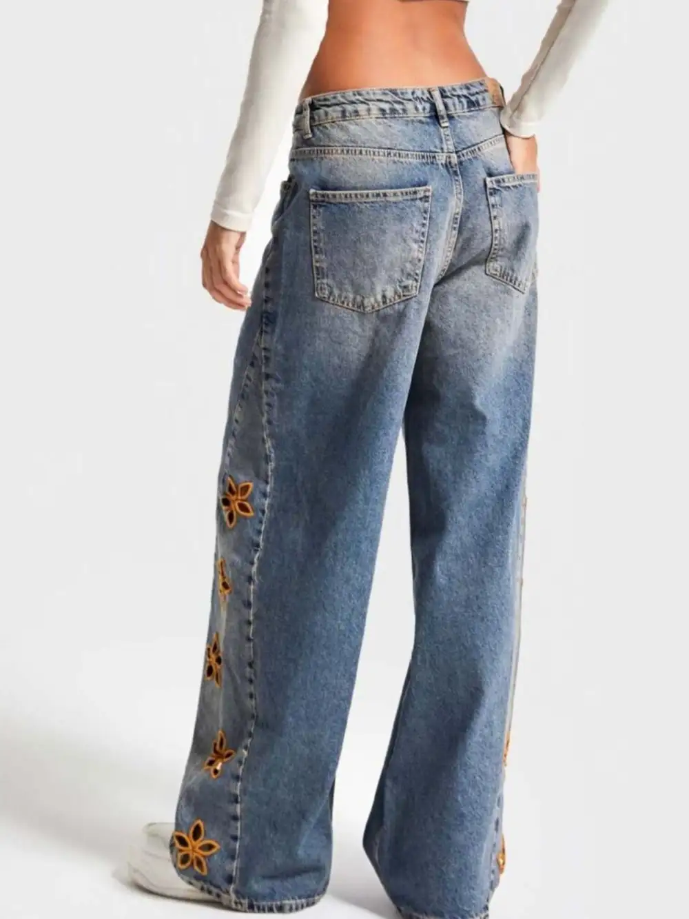 Wide Leg Embroidered Denim Jeans