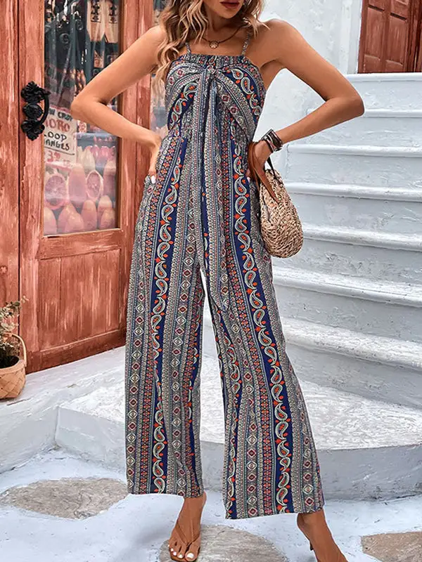 Sleeveless Wide Leg Bow Embellished Pockets Printed Spaghetti