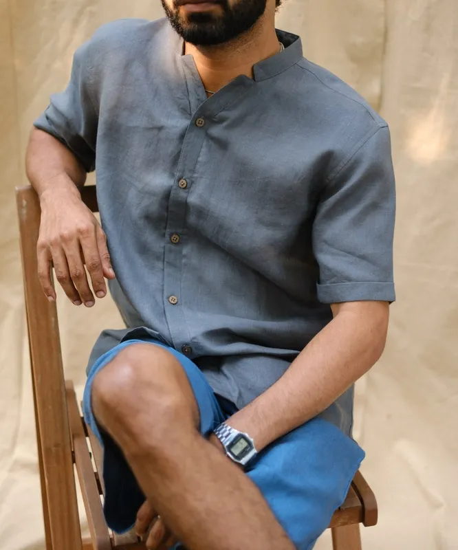 Slate Gray Relaxed Linen V-Neck Shirt