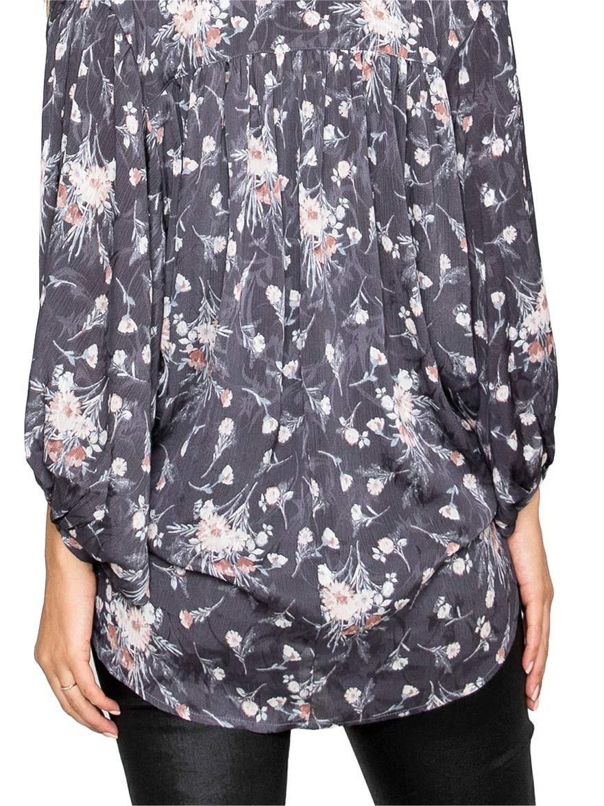 Gray Floral Print Bell - Sleeve Blouse